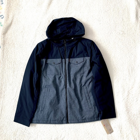 NWT Levi’s Denim Zip Windshield Puff Hoodie Jacket Blue XL - Picture 1 of 10